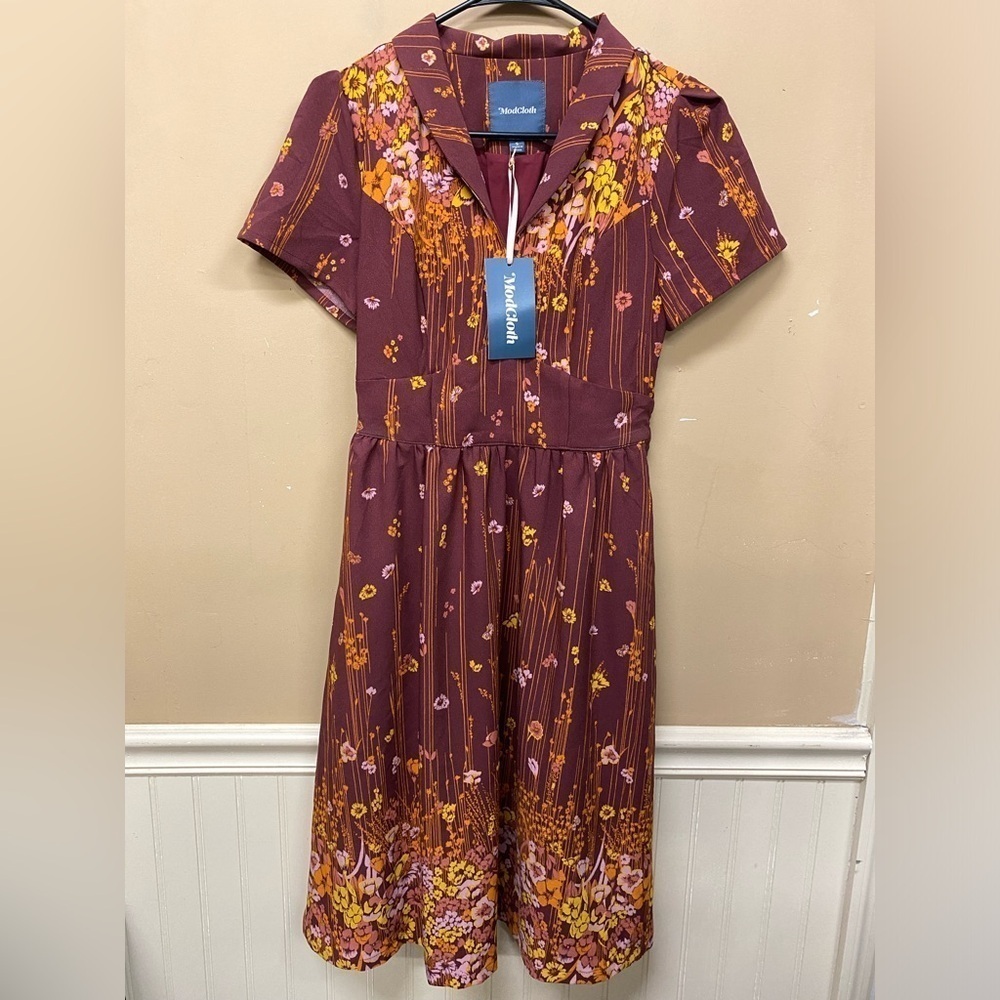 Modcloth Fit Flare Midi Dress Size Small Floral Terracotta Rustic Red NWT